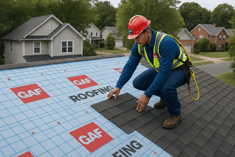 contractor instaling gaf roofing system